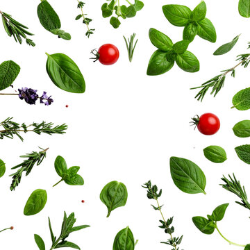Close-up of fresh Thai basil leaves on a white background.