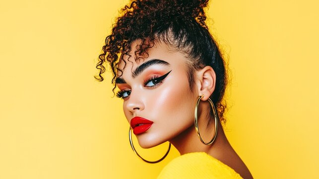 outoffocus. A beauty portrait with bold eyeliner and red lipstick. product launch decks, UI/UX mockups, data dashboards, designed for product launches and innovation pitches, used by radiologists.
