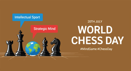 World Chess Day celebration concept with chess pieces and globe. Minimalist vector illustration. © khafid