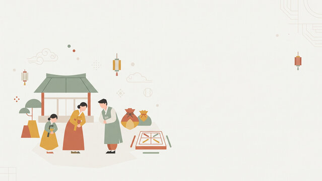 flat modern lunar new year greeting with traditional bow and yut game