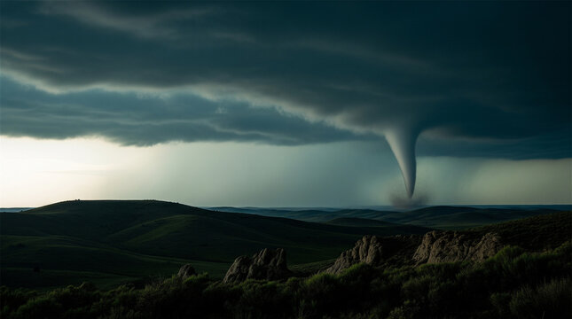 Tornado forms a dark funnel cloud over a rolling green landscape during a severe weather event.
