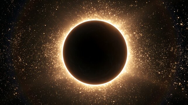 A massive black hole in deep space with a bright glowing orange light ring and stars in the background