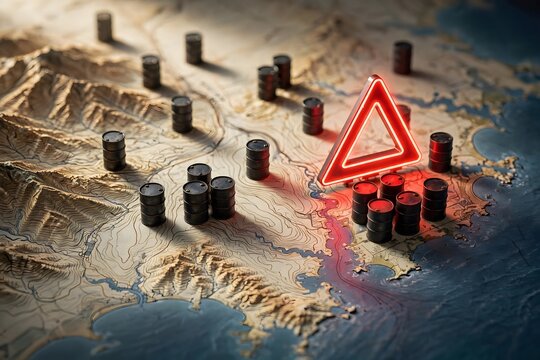 3D topographic relief map showing energy crisis risk with glowing red warning triangle and black oil barrels on coast