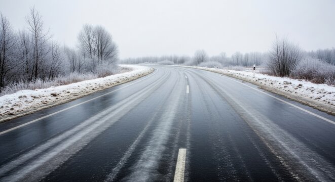 Wintry Road Journey During A Cold Frosty Morning