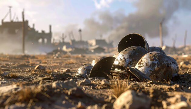 Pile of discarded rusty metal helmets lying on barren, rocky ground with smoke plumes and ruined structures in the background, symbolizing war's after