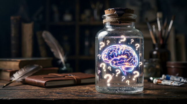 Glowing brain in a glass jar with creative sparks and question marks
