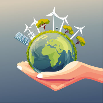 Human hands protecting earth with wind turbines solar panels and green trees
