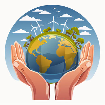 Human hands supporting planet earth featuring wind turbines and forest landscape