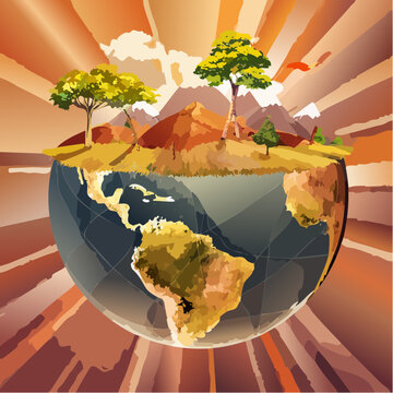 Stylized globe with natural scenery and mountain landscape, mountains