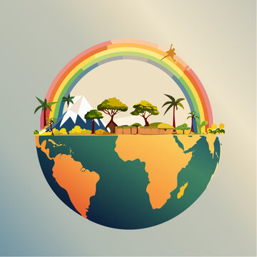 Illustration of earth with tropical landscape and rainbow landscape tropical