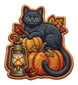 black cat resting on pumpkins beside a glowing autumn lantern