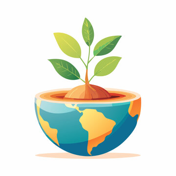 Conceptual illustration of a plant growing from a cross section of earth globe