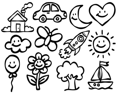 Cute hand drawn doodle vector icons set featuring house car moon butterfly rocket flower tree sun and boat for kids and playful designs