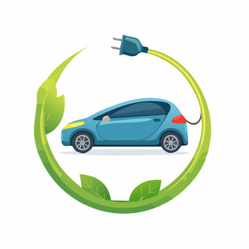 Electric car inside green leaf circle with power plug eco friendly electric