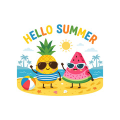 Fototapeta premium Cute cartoon pineapple and watermelon characters enjoying a sunny day on the beach.