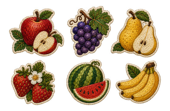 embroidered fruit patches with apple (malus domestica), grape (vitis vinifera), pear (pyrus communis), strawberry (fragaria &times; ananassa), watermelon (citrullus lanatus) and banana (musa acuminata)