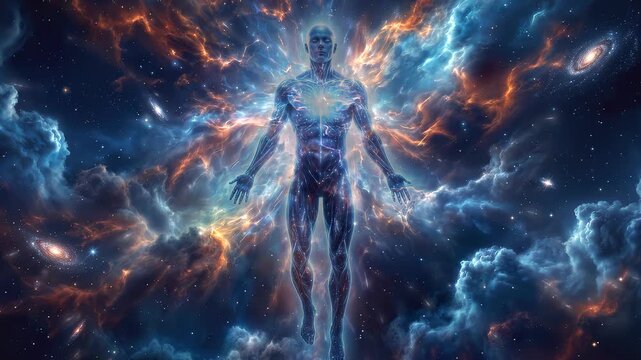 Luminous ethereal figure dissolving into cosmic nebula. Static wide shot of celestial transformation.