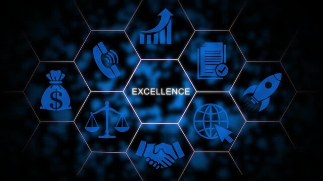 Business excellence concept with digital hexagon network and corporate animation strategy success growth