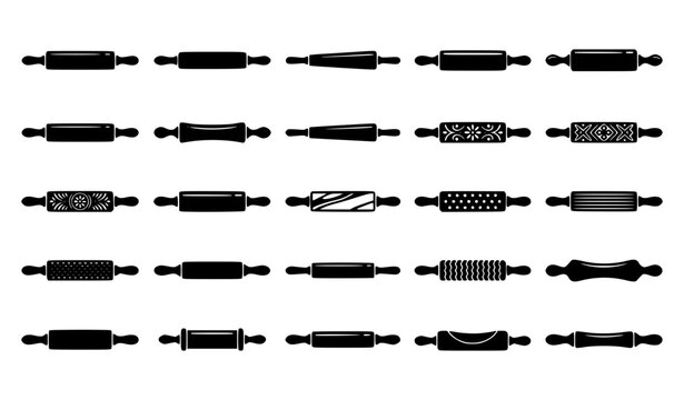 Rolling Pin Vector Icon Set for Baking Kitchen Tools Black Silhouette Collection