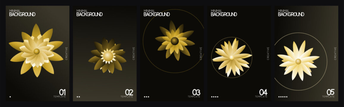 Luxury golden flower background set, 5 elegant floral posters with 3D metallic blooms, premium black and gold abstract vector collection