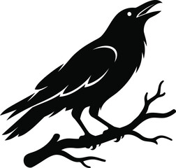Fototapeta premium A minimalist black silhouette of a crow perched on a bare tree branch isolated on a clean white background for graphic design
