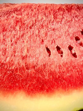 Macro shot of fresh watermelon (Citrullus lanatus) flesh with seeds. Suitable for food science or culinary blog content.