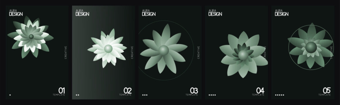 Abstract 3D green flower icons set, futuristic floral geometry collection, 5 botanical vector elements on dark background for UI design
