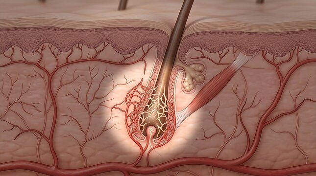 Cross section anatomy of a human hair follicle and skin layers