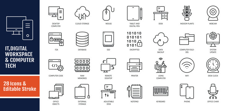 IT, digital workspace, computer hardware and tech icon set. Cybersecurity, IT service, cloud computing and remote work. Editable stroke vector illustration