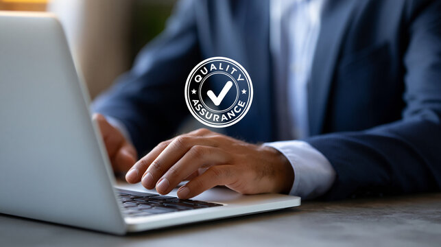 Faceless professional businessman typing on a laptop with a digital quality assurance approved stamp icon overlay, business analytics concept, with copy space