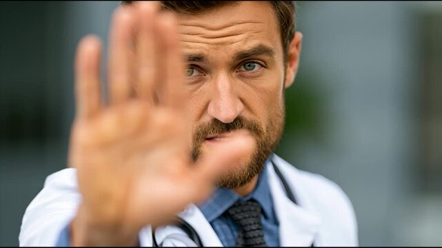 Bearded man in white coat holds stop hand