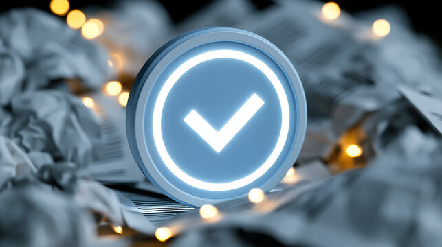 Glowing document icon surrounded by discarded drafts, symbolizing final approval and quality assurance after revision, with copy space