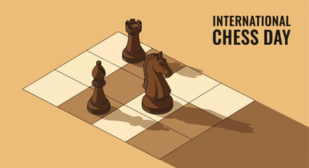 International Chess Day concept. Isometric chess pieces. Minimalist vector illustration. Board game. © khafid