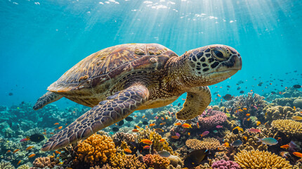 Green sea turtle swimming gracefully in tropical ocean over vibrant coral reef with sun rays © OCTOLENS