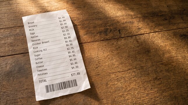Close-up of a grocery shopping receipt with itemized prices and barcode on a rustic wooden table