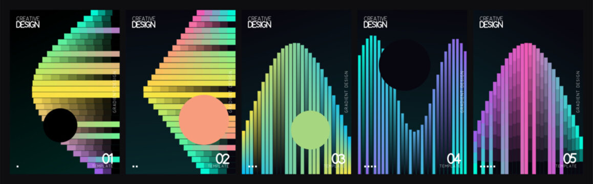 Futuristic abstract poster set with 5 neon gradient vector designs, geometric line art covers with vibrant color transitions, modern tech aesthetic layouts