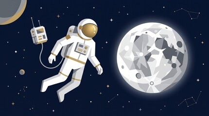 Naklejka premium Astronaut Floating Next to Moon