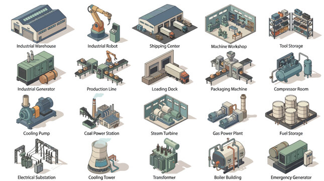 Comprehensive overview of industrial equipment and facilities including warehouses robots and power stations