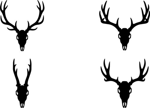 Black deer skull vector silhouettes with unique antler shapes