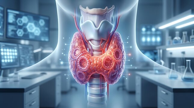 Anatomical illustration of human thyroid gland with nodules