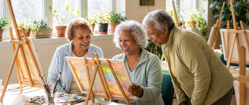 Afro American senior women laughing together during an art class. Painting hobby, friendship, social club, communication and healthy aging concept.