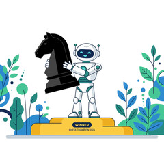 A cute robot standing on a winner podium holding a large black chess knight piece. © borneo