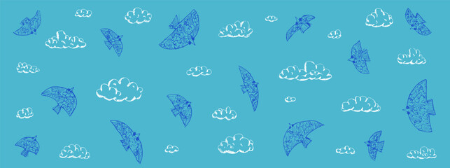 Bird with clouds set in blue sky with chalk dove and quirky folk sketch. Naive birds and cloud doodle on teal for kids print or nursery art. Vector ink scribble dove in childish pen and crayon line