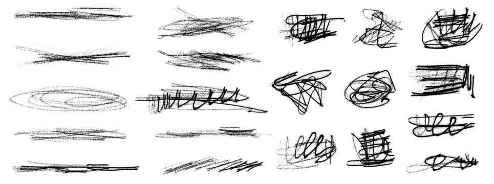 Chaotic scribble with crayon charcoal and messy highlight for poster. Pastel scribble smudge ovals, underlain, strikethrough in crayon brush marks. Hand drawn vector grunge smear shape pack isolated