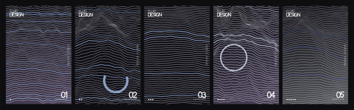 Abstract topographic line art collection, 5 dark futuristic terrain map vectors, purple and blue wireframe landscape textures for tech backgrounds