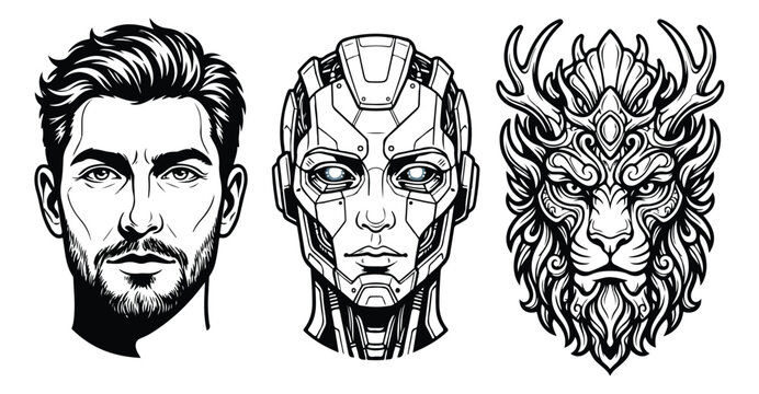 Black and white line art portraits, set of 3 vector icons featuring a bearded man, a futuristic robot, and a mythical lion with antlers