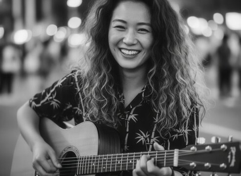 Smiling woman playing guitar in urban setting, concept of joy and creativity