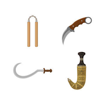 Traditional martial arts weapons icon set including nunchaku karambit curved blade and ornate jambiya dagger illustration