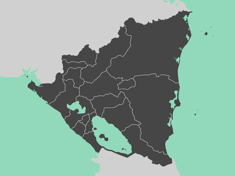 Nicaragua Map with Administrative Departments and Regional Borders