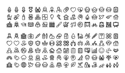 Fototapeta premium Modern Child Care Thin Line Icon Pack Featuring Kids Rights Parenthood Family Education and Healthcare Vector Illustration